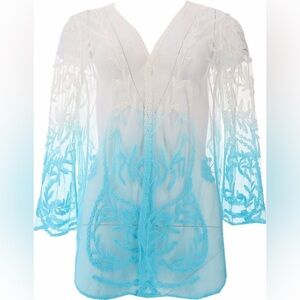 White Blue Sea Glass Ombré 3X Swim Cover Up Lace Kimono Beach Boho Resort